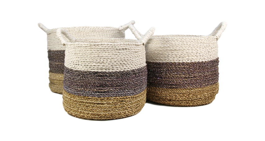 Mandenset Malibu - naturel/paars/wit - raffia/zeegras - set van 3