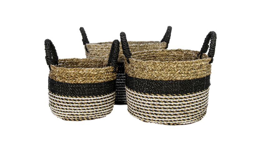 Mandenset Malibu - zwart/naturel/wit - raffia/zeegras - set van 3