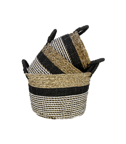 Mandenset Malibu - zwart/naturel/wit - raffia/zeegras - set van 3