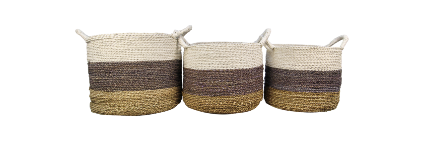 Mandenset Malibu - naturel/paars/wit - raffia/zeegras - set van 3